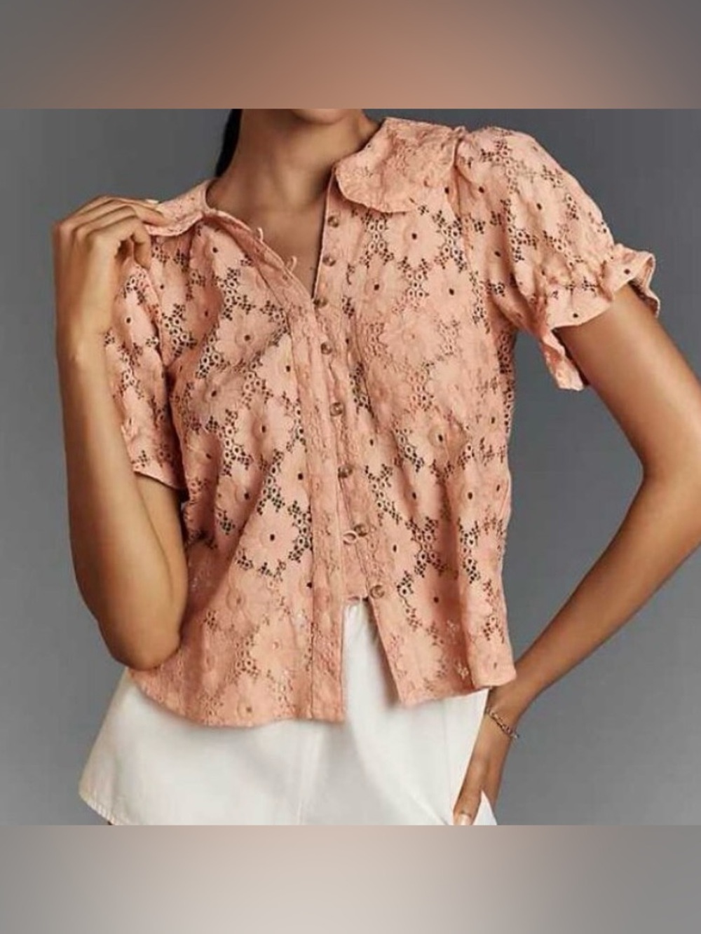 Pilcro Peach Eyelet Puff-Sleeve Tank Top